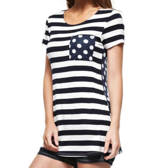 12Pm by Mon Ami Women's Polka Dot/Striped Cap Sleeve Tee - Picture 1 of 5